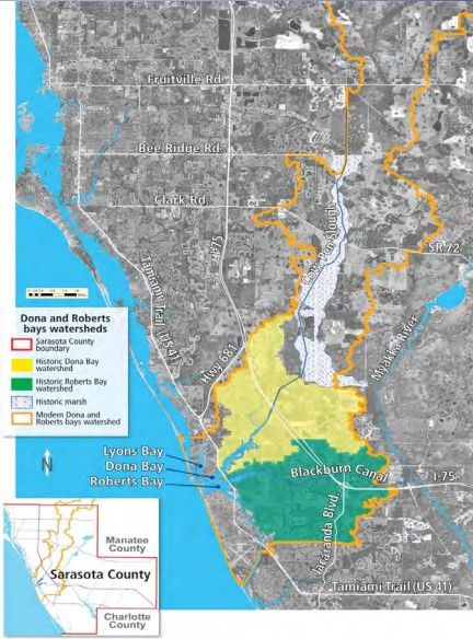 Map depicting increase in area from the historic Dona Bay watershed