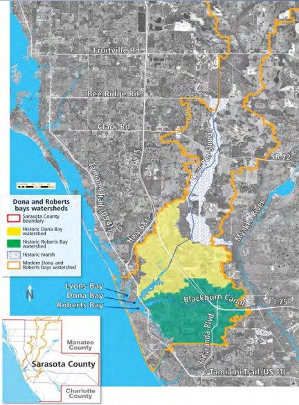 Map depicting increase in area from the historic Dona Bay watershed