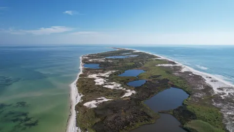 Aerial view of coastal Mississippi beaches and wetlands